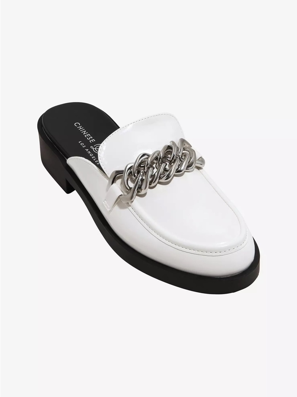 Chinese Laundry White Leather Mule with Silver Chain US 7 New in Box MSRP $80